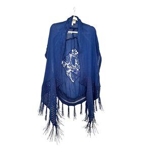 Royal Blue Bohemian Blue Fringe Crochet Flowy Shawl Wrap Kimono